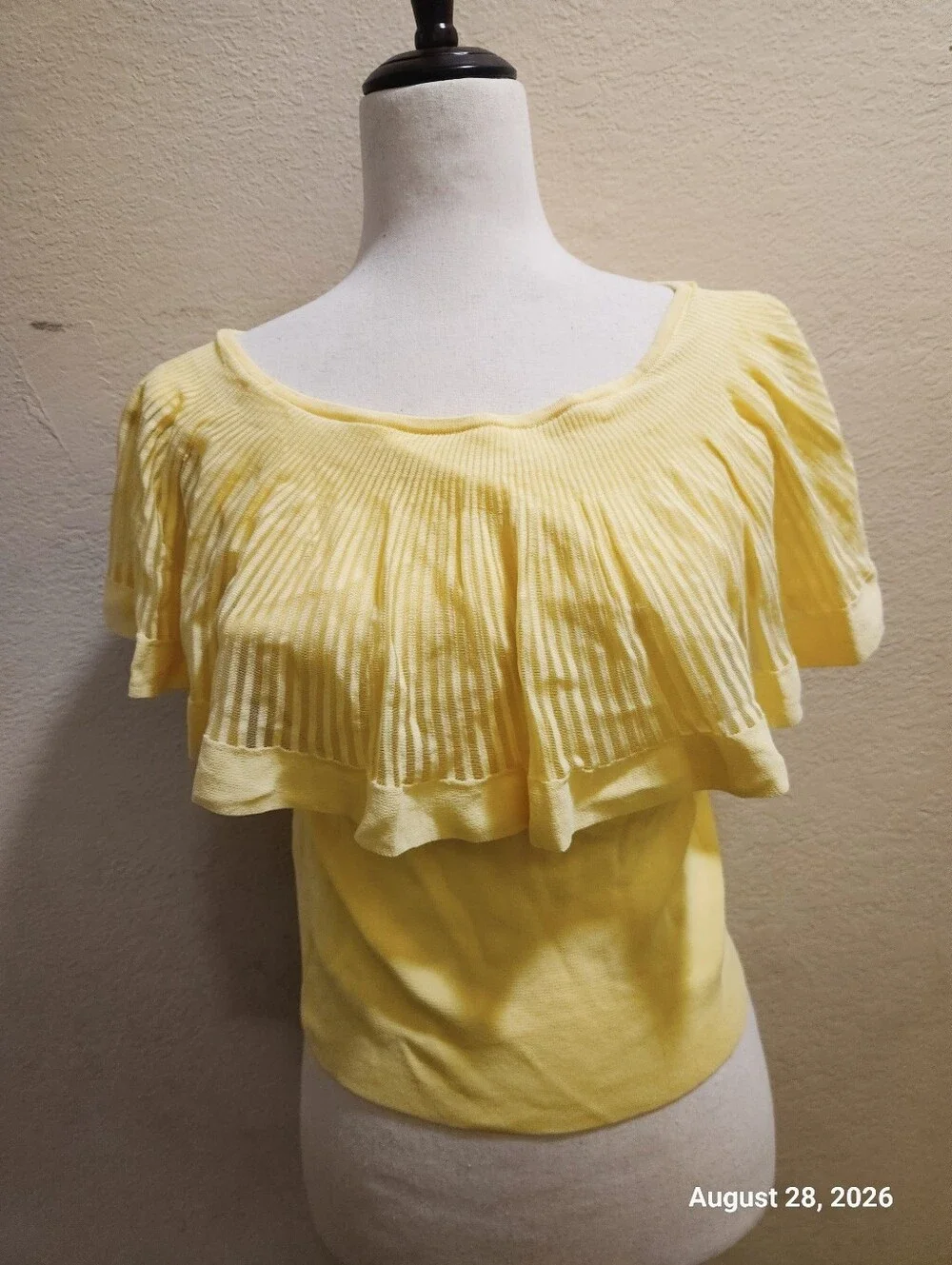 Commense Lemon-Yellow Off-the-Shoulder Ruffle Sweater